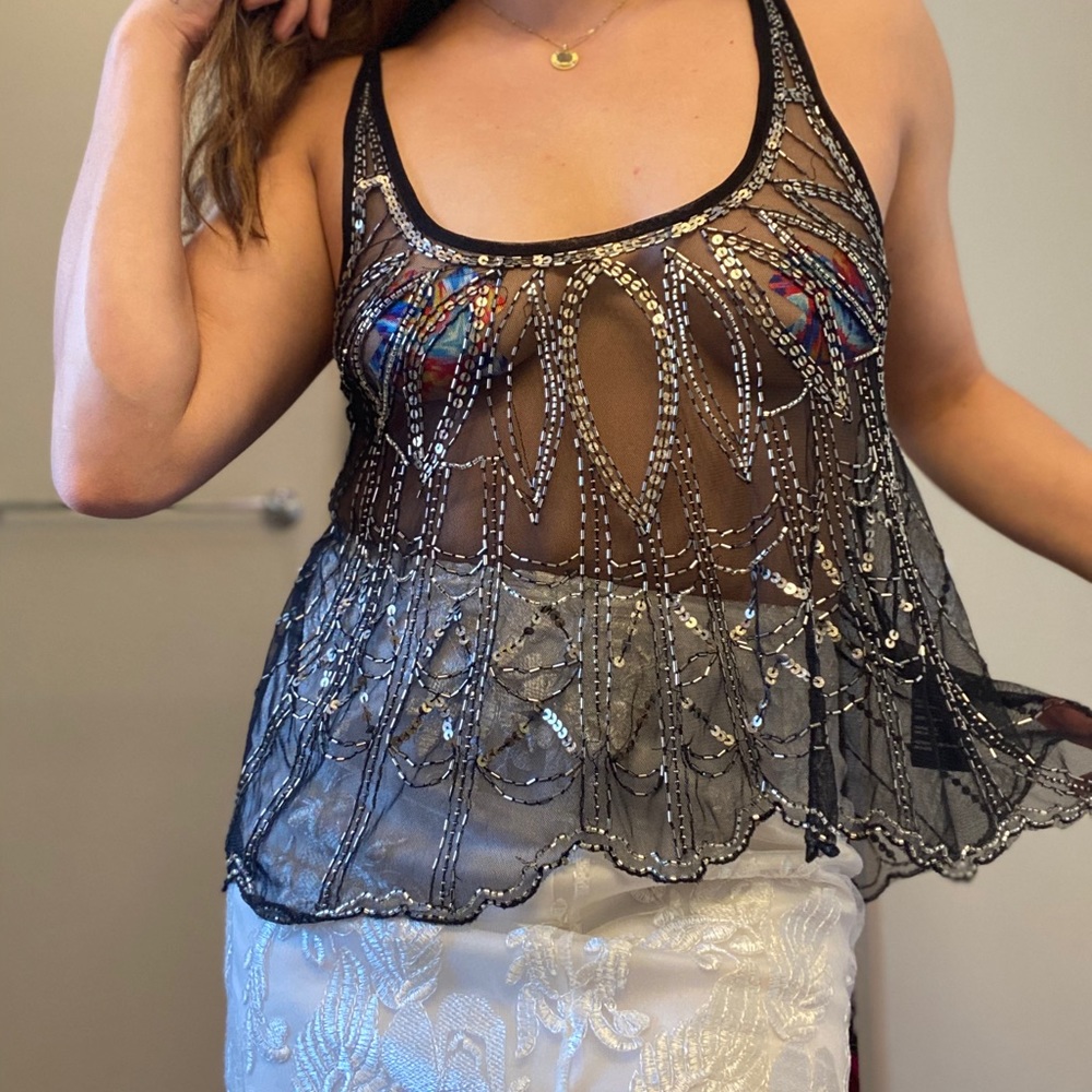 Angie, sheer, beaded top